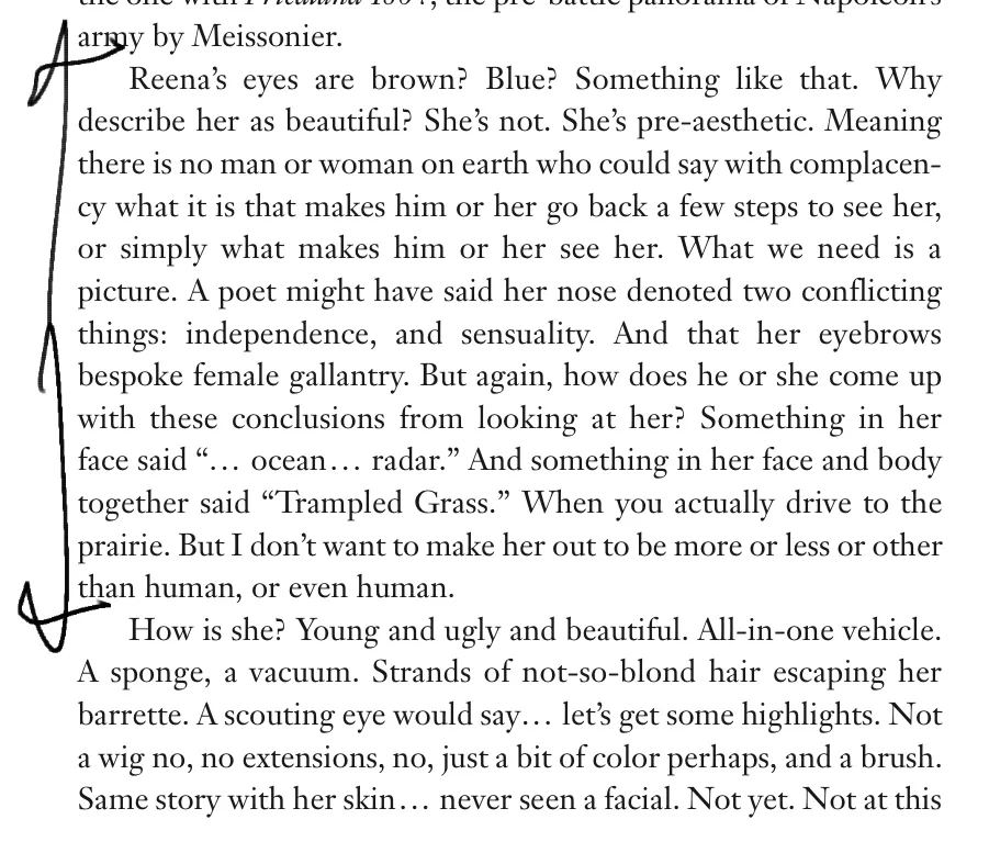 A screenshot of an excerpt from Reena Spaulings. The text details the physical appearance of the titular Reena.
