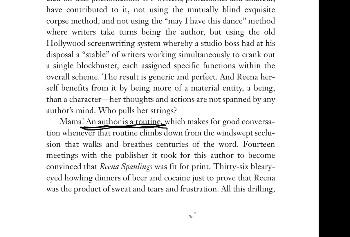 A screenshot of an excerpt of text. Underlined: 'An author is a routine'.