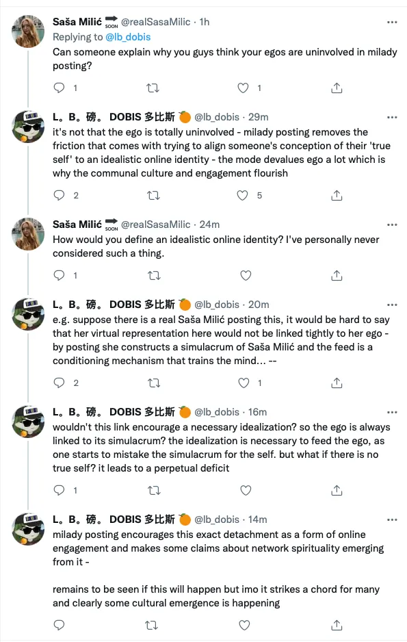 A screenshot of a twitter thread/conversation. The conversation details a discussion of the nature of one's ego attachment to their posting as a pseudonymous collective.