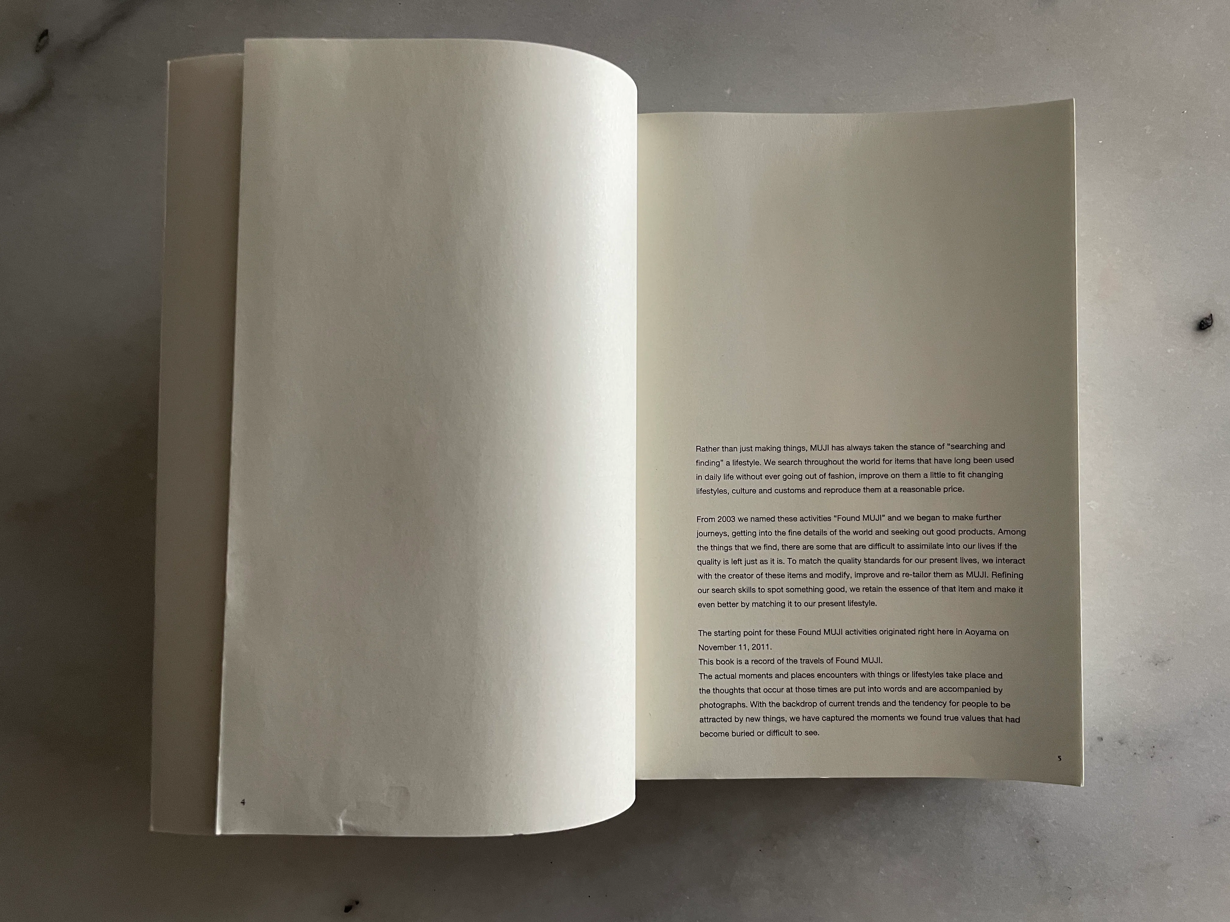 A photograph of the first page of Found Muji. The text of this page is quoted in its entirety below.