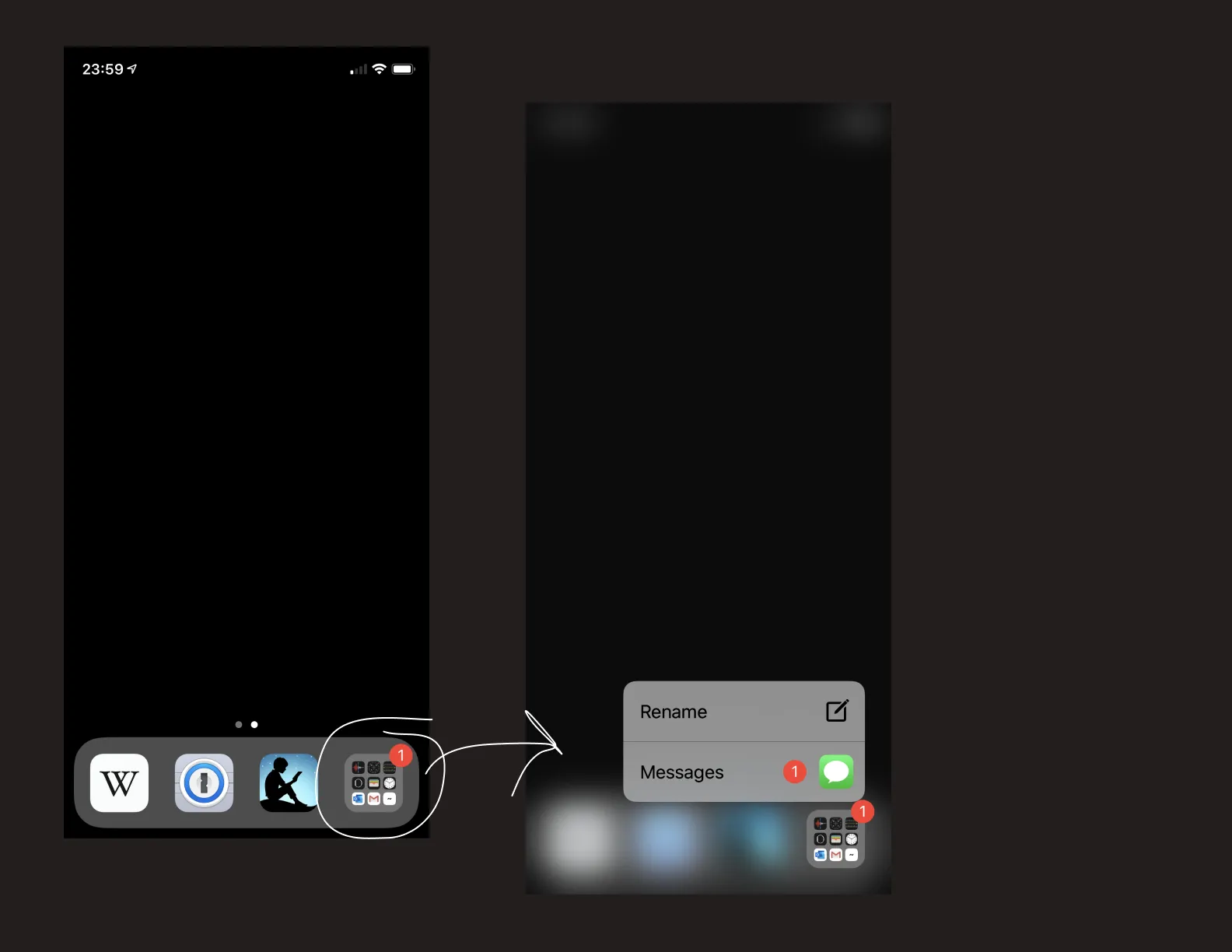 A screenshot of a simple diagram showcasing how long-pressing on the fourth icon in the app shelf, a folder of the resst of my apps, can be used to quickly access apps with unread notifications.