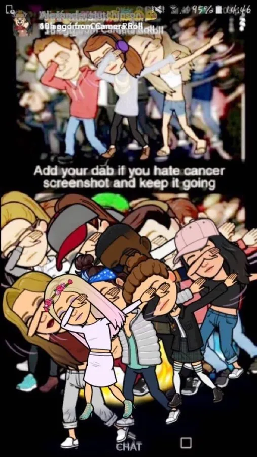 A screenshot of Snapchat, and what appears to be a 'screenshot meme' in which hundreds of people have taken a screenshot of the prior post and superimposed their own avatar/message atop the prior post. The text in the center of the meme states 'Add your dab if you hate cancer - screenshot and keep it going'. What appears to be hundreds of avatars all superimposed upon one another through successive screenshooting are all performing a 'dab' emote.