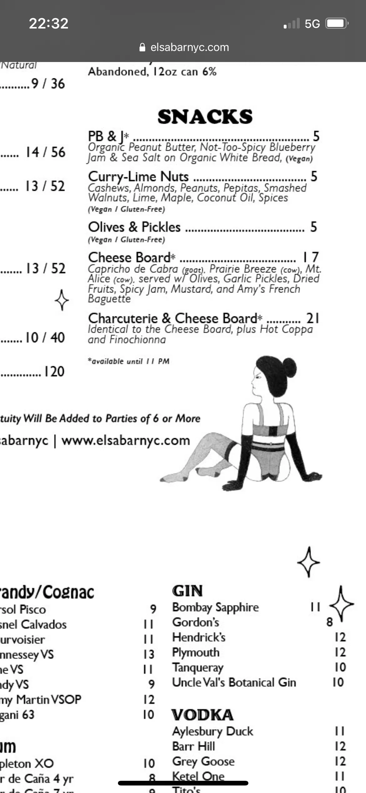 A screenshot of a pdf menu from Elsa Bar (elsabarnyc.com).