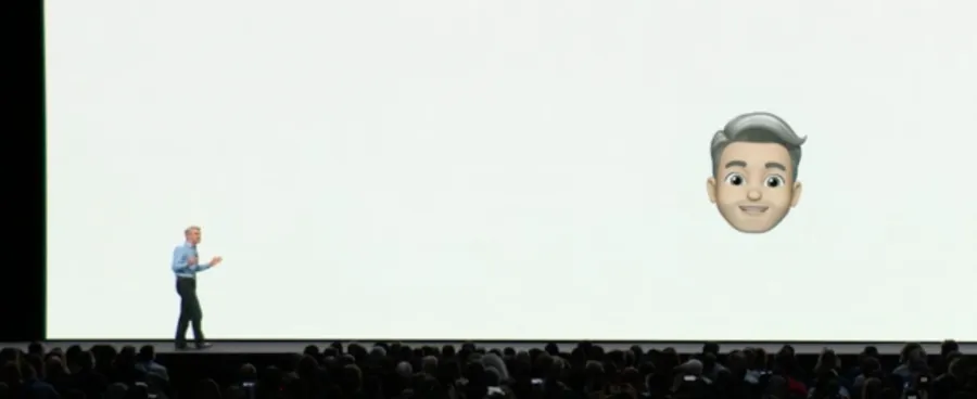 A screenshot of an Apple presentation in which Craig Federighi is showcasing Memoji.