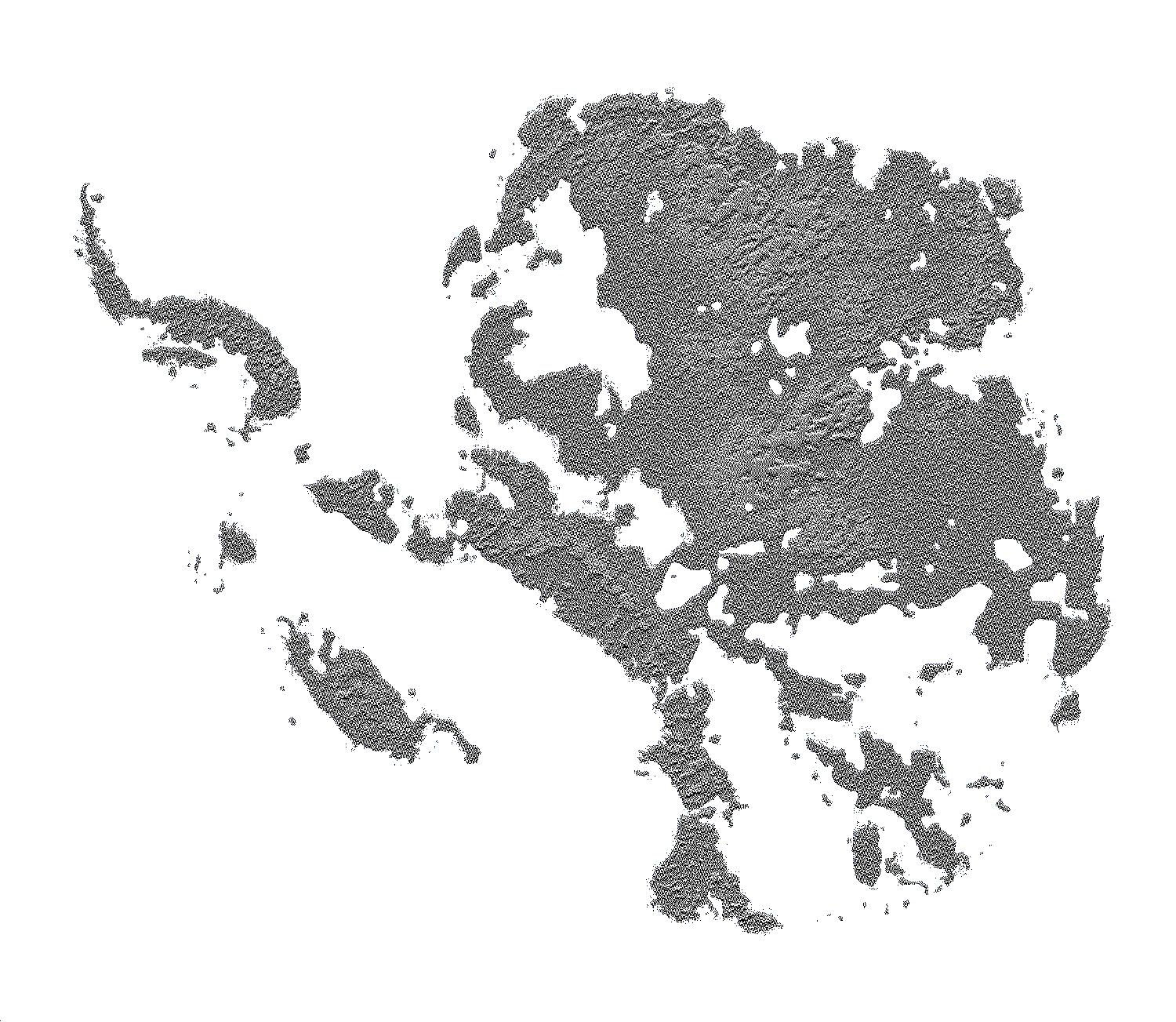 A black and white 1-bit pixel dither illustration of the continent of Antarctica