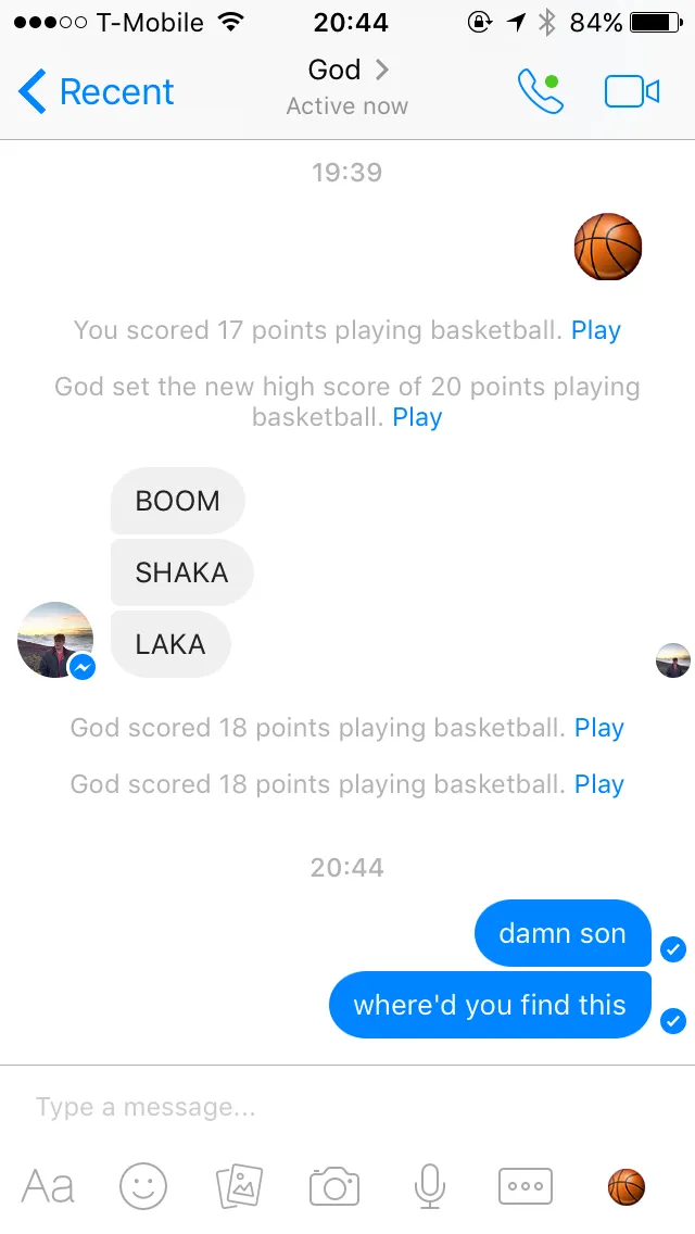 A screenshot of an ancient conversation with a friend in Facebook Messenger. We're talking about the in-messenger basketball game.