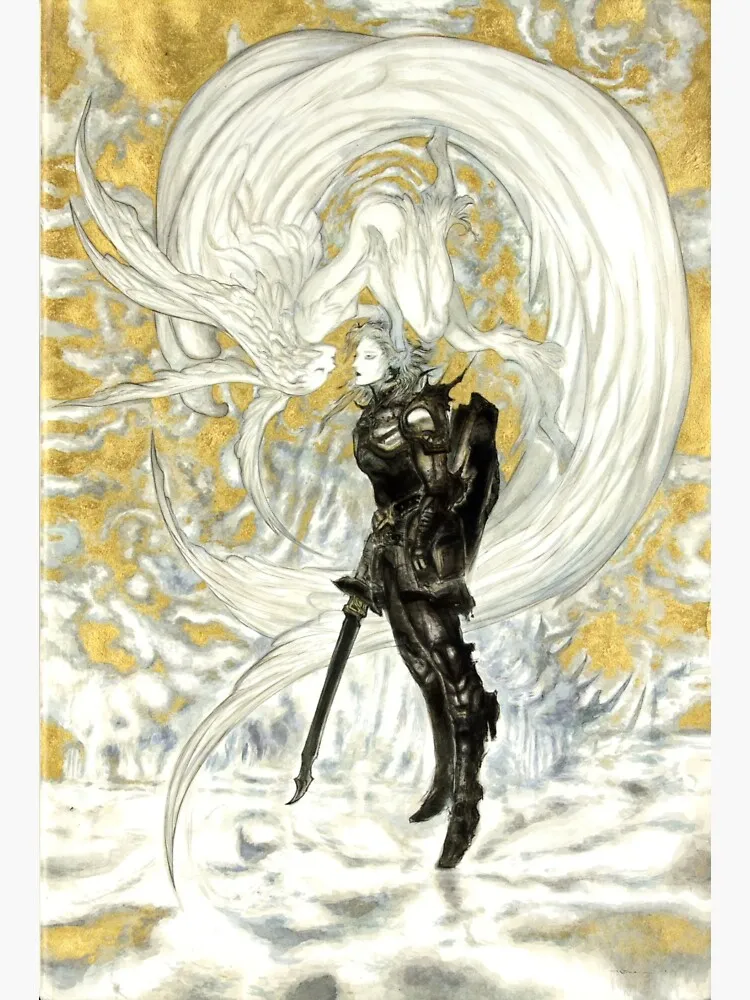 A painting of a dark knight and an angelic figure, probably from final fantasy 4.