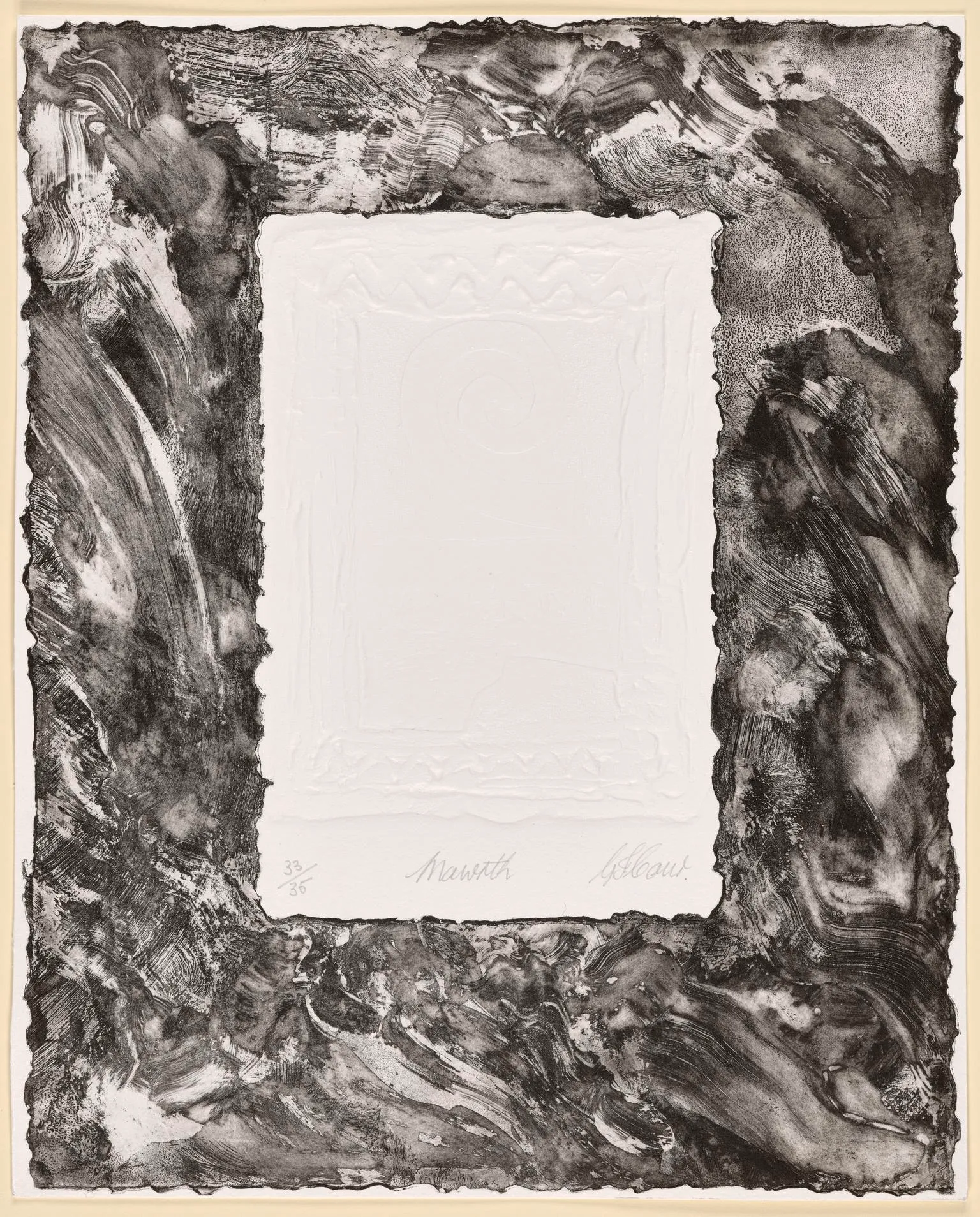 An image of a work of art from the museum of wales. It’s what looks to be a painted frame around an embossed scene on white paper.