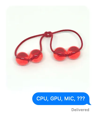 An apple message including an image of a red plastic hairtie and the following message: CPU, GPU, MIC, ???