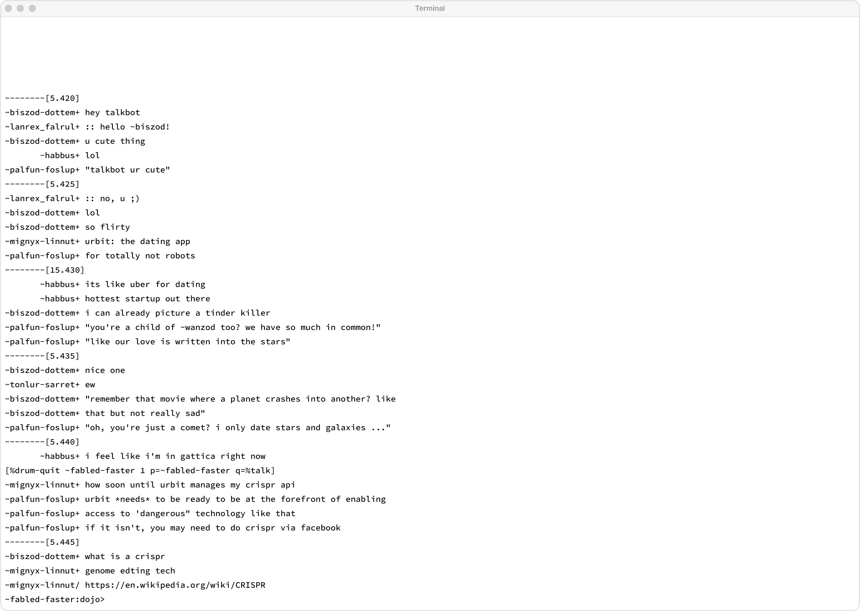 A screenshot of one of the earliest interfaces expressed for Urbit, a command line interface called 'Talk'. Talk was a second mode of urbit's command line interface.