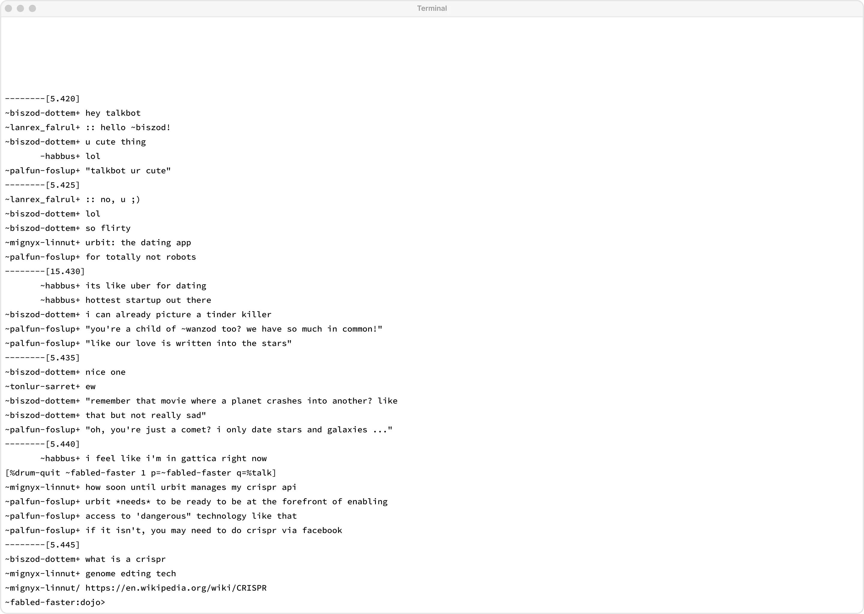 A screenshot of one of the earliest interfaces expressed for Urbit, a command line interface called ‘Talk’. Talk was a second mode of urbit’s command line interface.
