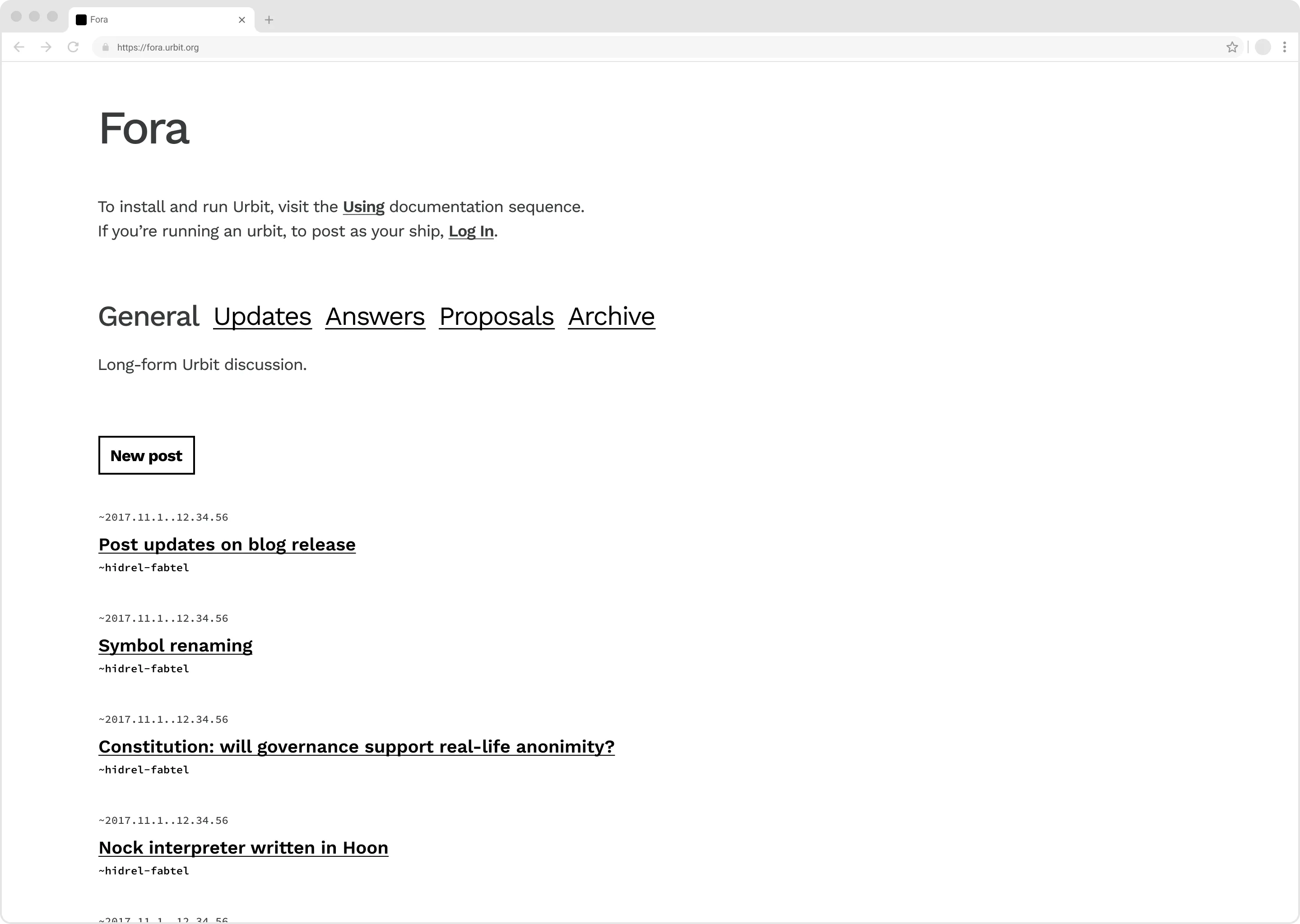 A screenshot of ‘Fora’, and old forum software, and one of Urbit’s first web interfaces.