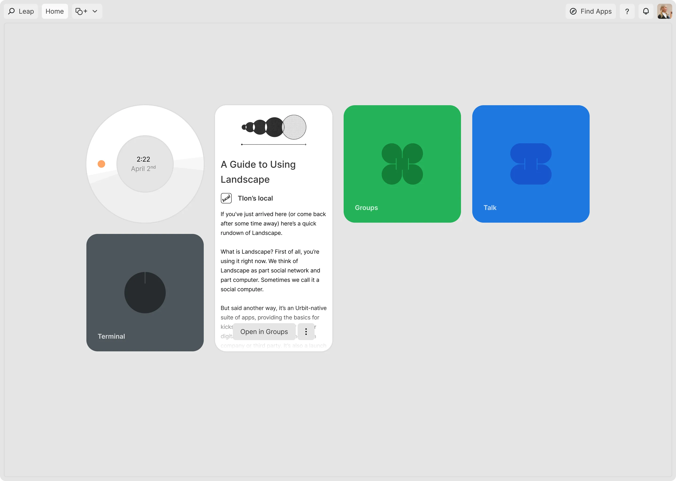 A design rendering/depiction of the latest iteration of our core OS interface named ‘Surface’. This image of Surface features the core top nav/tab bar and 5 various widgets centered in the main screen area.