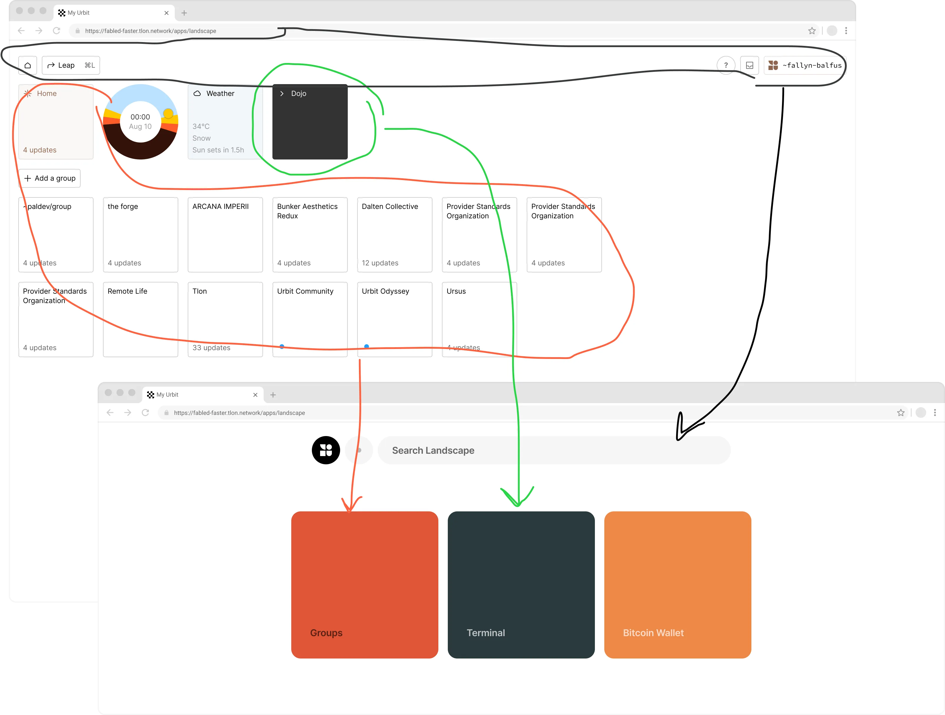 Using color-coded arrows and circles, this sketch indicates which parts of OS2 were recontextualized to become the next iteration of our flagship interface, nicknamed ‘Grid’.