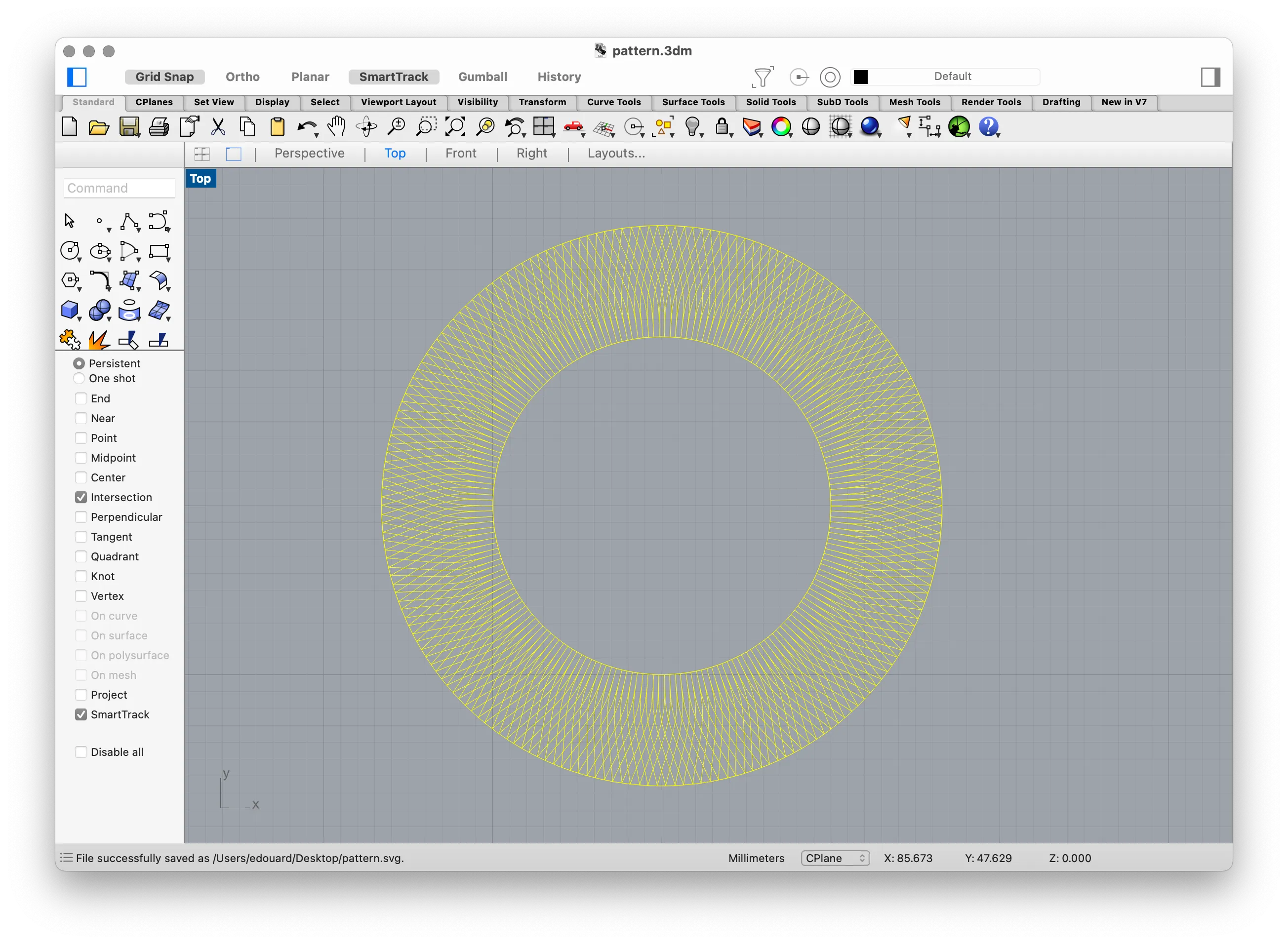 A screenshot of a window of Rhinoceros, a CAD program. The view contains an intricate circular pattern.