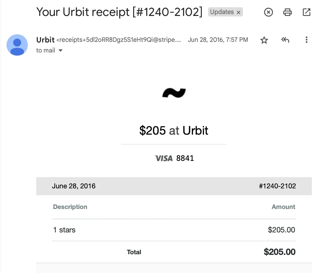 A Stripe email receipt detailing the purchase of an Urbit star for $205 USD