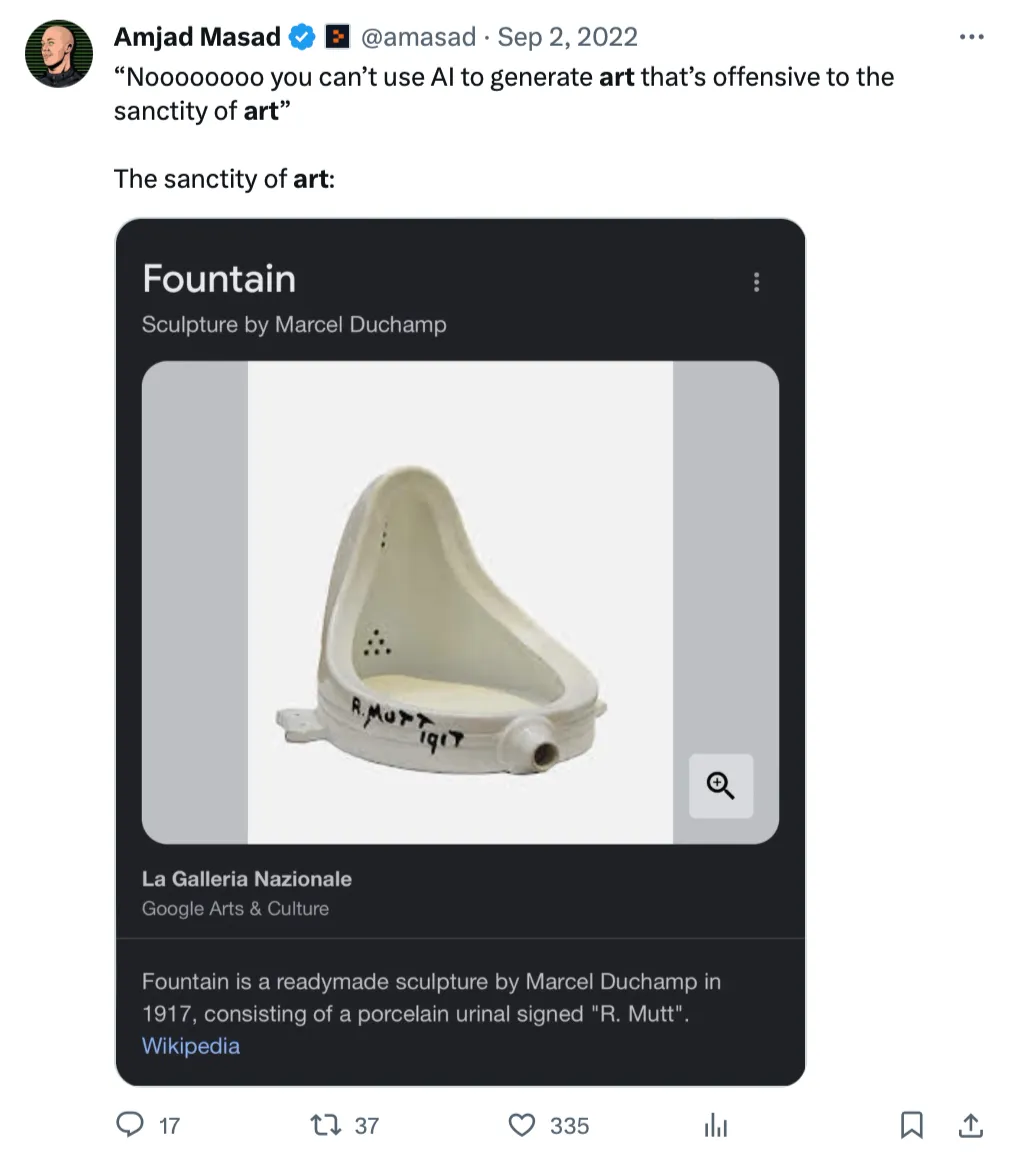 Screenshot of a tweet by @amasad with the following text: 'Noooooooo you can't use Al to generate art that's offensive to the sanctity of art. The sanctity of art: [image of Duchamp's Fountain]'