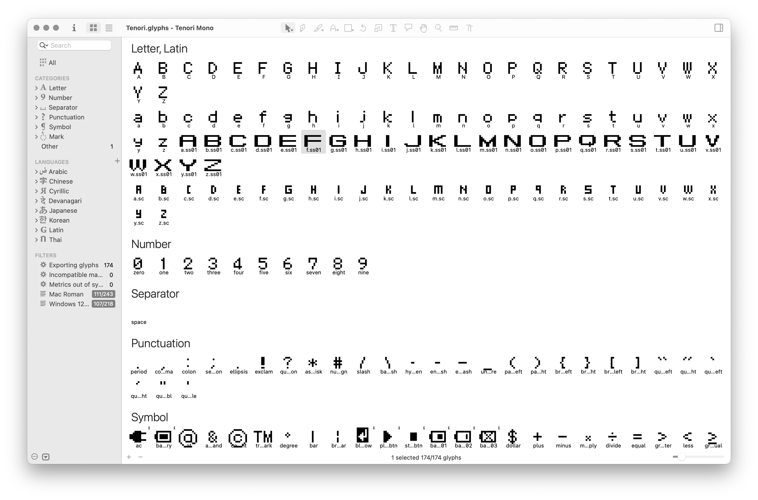 A screenshot of the app 'Glpyhs' featuring some Latin glyphs of Tenori, including various punctuation marks.