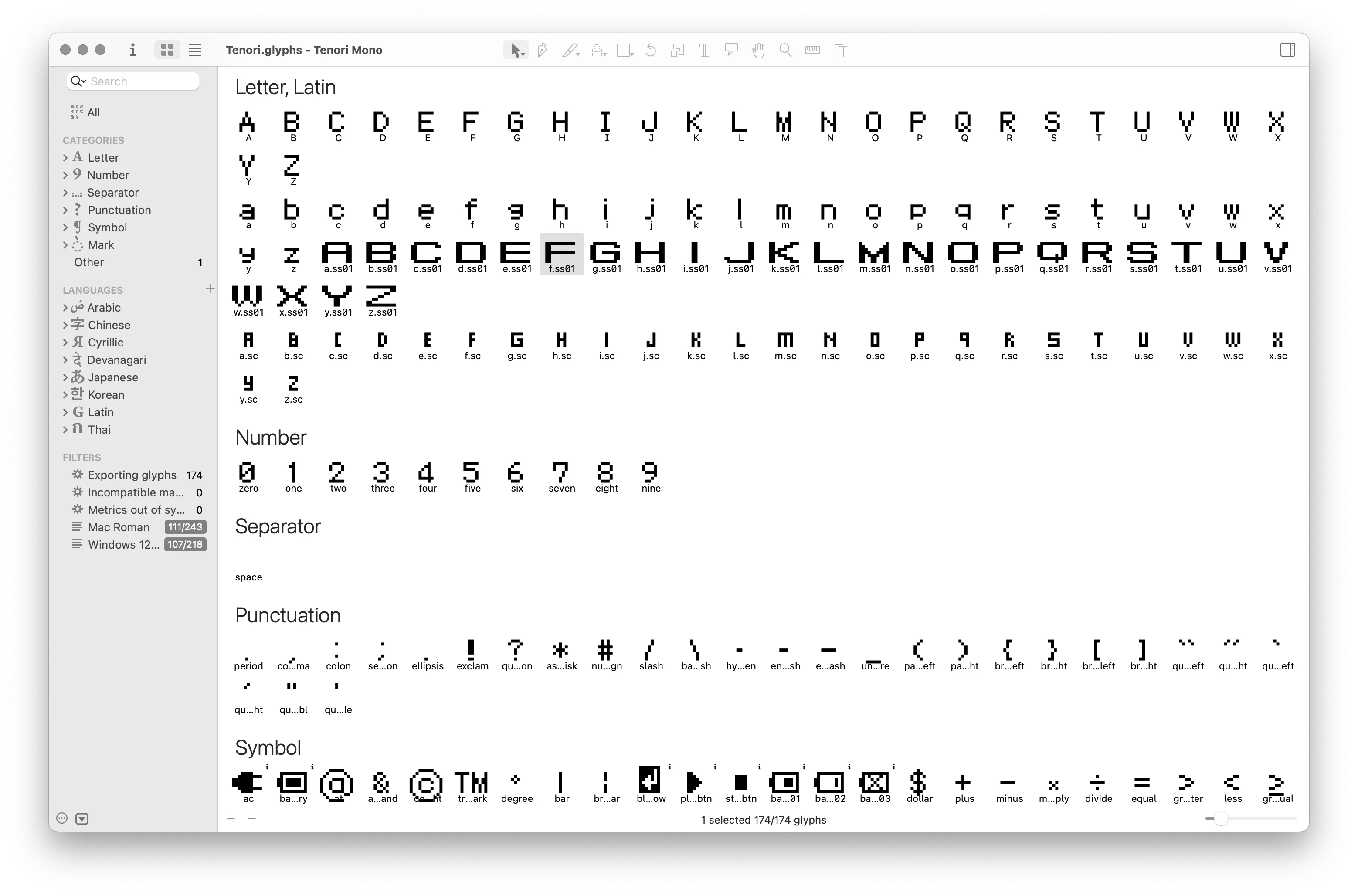 A screenshot of the app ‘Glyphs’ featuring some Latin glyphs of Tenori, including various punctuation marks.
